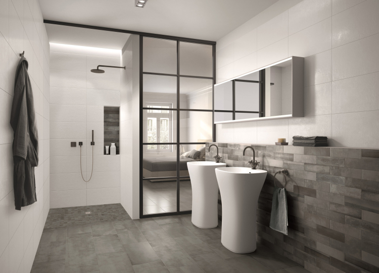Modernes, elegantes Badezimmer, mit schlichten Wandfliesen und auffälligen Bricks.